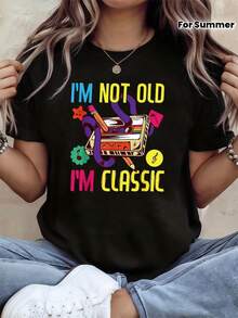 Women's T-Shirt With Retro Cassette And Musical Note Print "I'm Not Old, I'm Classic" | Nostalgic And Fun Style, Ideal For Retro Parties And Birthday Gatherings, Everyday Casual Wear, Spring/Summer Season - 黑色 - 查看 1