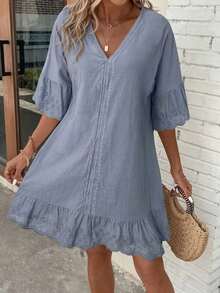 LUNE Vestido casual de verano con adorno de encaje y volantes en el cuello en V - Gris - Ver 7