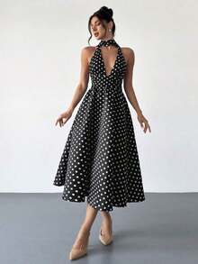 High-Waisted Midi Dress With A V-Neck And Open Back, In A Vintage French Polka Dot Style, Suitable For Valentine's Day, Concerts, Performances, Dates, Banquets, Weddings, Sexy, Elegant, Back To School, Vacation, Beach, Romantic - 灰色 - 查看 8