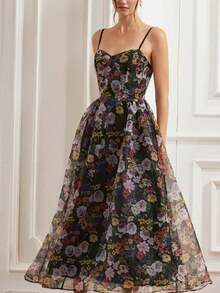 Aveloria Revavyn Vestido largo con borde de organza de estampado floral romántico y delicado, que estiliza la cintura, elegante vestido de fiesta/noche con tirantes finos para mujeres - Multicolor - Ver 5
