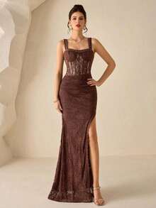 Coutiva Vestido de noche formal de mujer con aplicaciones, con parches de encaje y estampado floral en el bajo y abertura lateral - Marrón - Ver 1