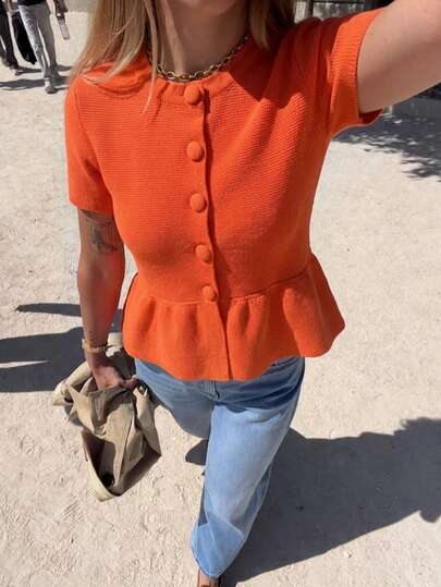 Cárdigan de punto naranja de manga corta para mujer, cuello redondo, dobladillo con volantes, longitud regular, estiramiento medio, transpirable y ligero, adecuado para ocasiones de primavera/verano