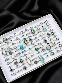 15pcs Geometric Shaped Ring Set, Vintage Bohemian Mixed Style Couple Rings For Party & Daily Wear, Fashion Jewelry Gift, Random Assortment - 15 Random Rings - View 1