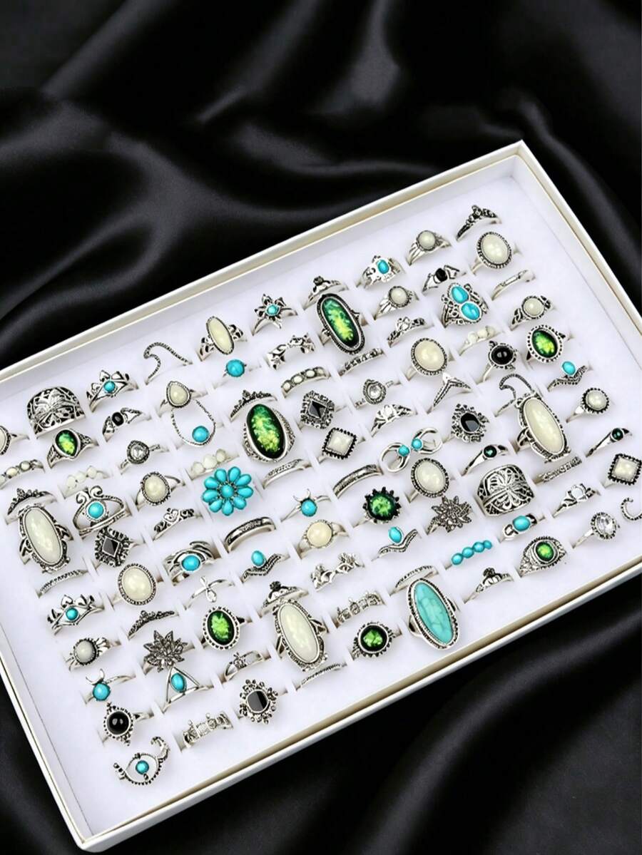 15pcs Geometric Shaped Ring Set, Vintage Bohemian Mixed Style Couple Rings For Party & Daily Wear, Fashion Jewelry Gift, Random Assortment - 15 Random Rings - View 1