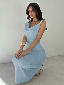Vestido de mujer de cuello asimétrico blanco con volantes en la cintura, vestido elegante y sexy para ir al trabajo, de vacaciones, de moda y moderno, para primavera/verano, para ir al trabajo, elegante, sexy, de vacaciones, playa, Hawái, temporada de bodas, ceremonia de graduación, baile de graduación - Celeste - Ver 6