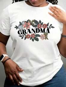 Women's Floral Design "Grandma" T-Shirt, Gift For Mother And Grandmother, Family Pride T-Shirt, Urban Vintage Style, Unisex, Cotton, Short Sleeve, Round Neck, 100% Cotton - 白色 - 查看 7