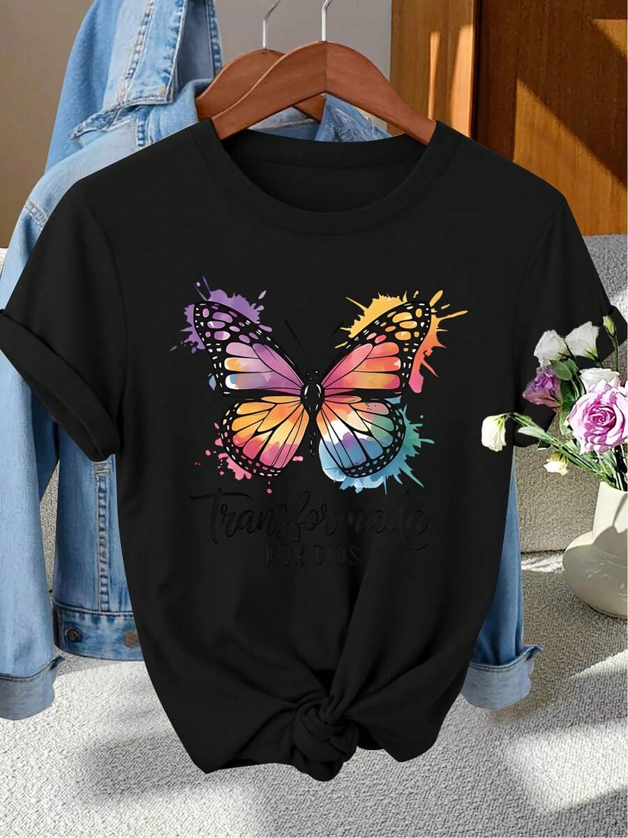 Women's T-Shirt, Summer Top For Ladies | Short-Sleeved Women's T-Shirt With Colorful Gradient Butterfly Print And The Phrase "FOR GOD", Versatile For Daily Wear, Soft, Breathable, Comfortable, Loose Round Neck, Casual Summer Top, Elegant Blouses For Women. - 黑色 - 查看 1