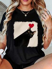 Women's T-Shirt With Black Cat And Red Heart Print - Casual Short Sleeve T-Shirt, Soft And Breathable For Summer, With Detachable Design, Perfect Gift For Cat Lovers And Animal Enthusiasts. - 黑色 - 查看 12