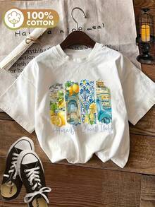 Camiseta con estampado gráfico, manga corta y cuello redondo, top casual para verano y primavera, ropa de mujer - Blanco - Ver 2