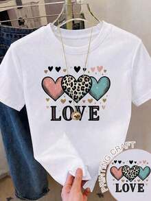 Camiseta Casual de Manga Corta para Mujer con Cuello Redondo, Estampado de Corazón y Leopardo, Bajo Regular, Tela de Poliéster - Blanco - Ver 1
