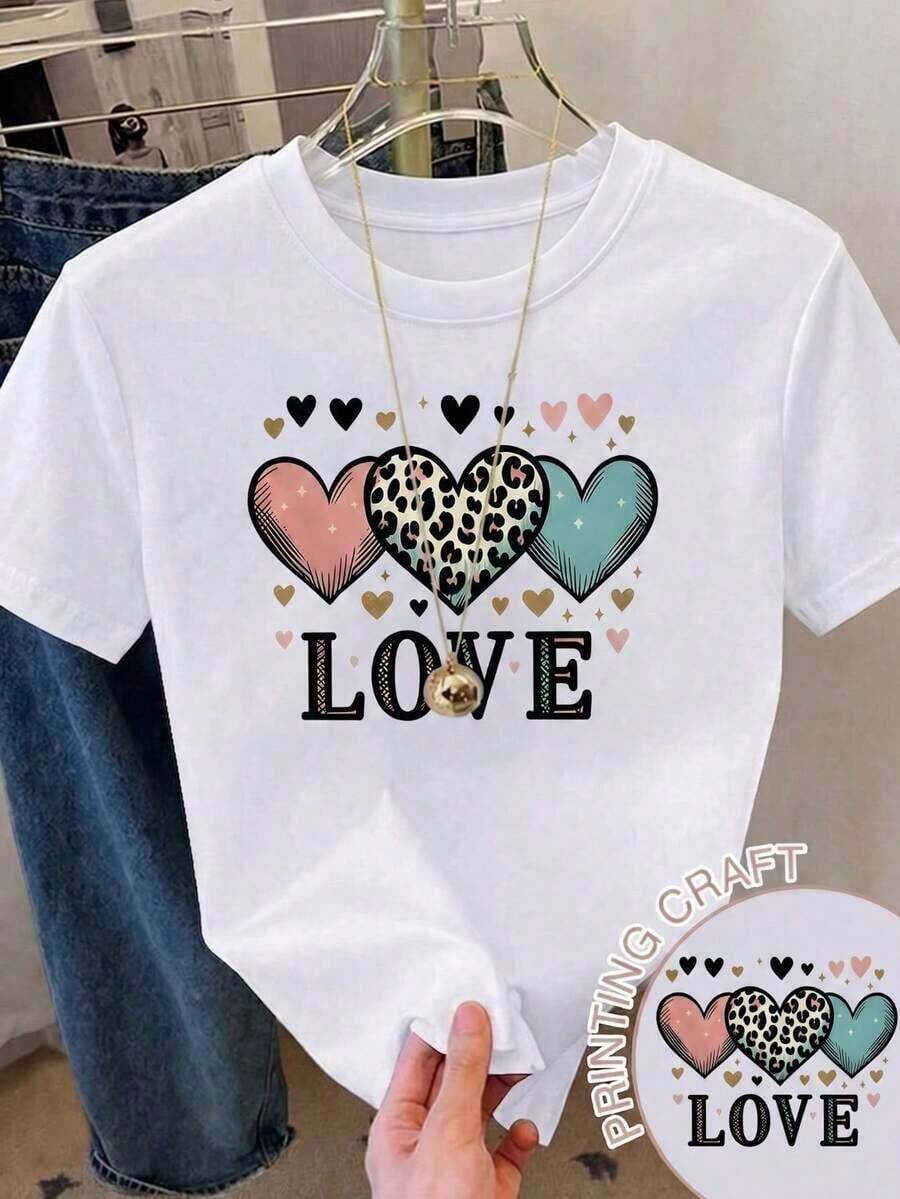 Camiseta Casual de Manga Corta para Mujer con Cuello Redondo, Estampado de Corazón y Leopardo, Bajo Regular, Tela de Poliéster - Blanco - Ver 1