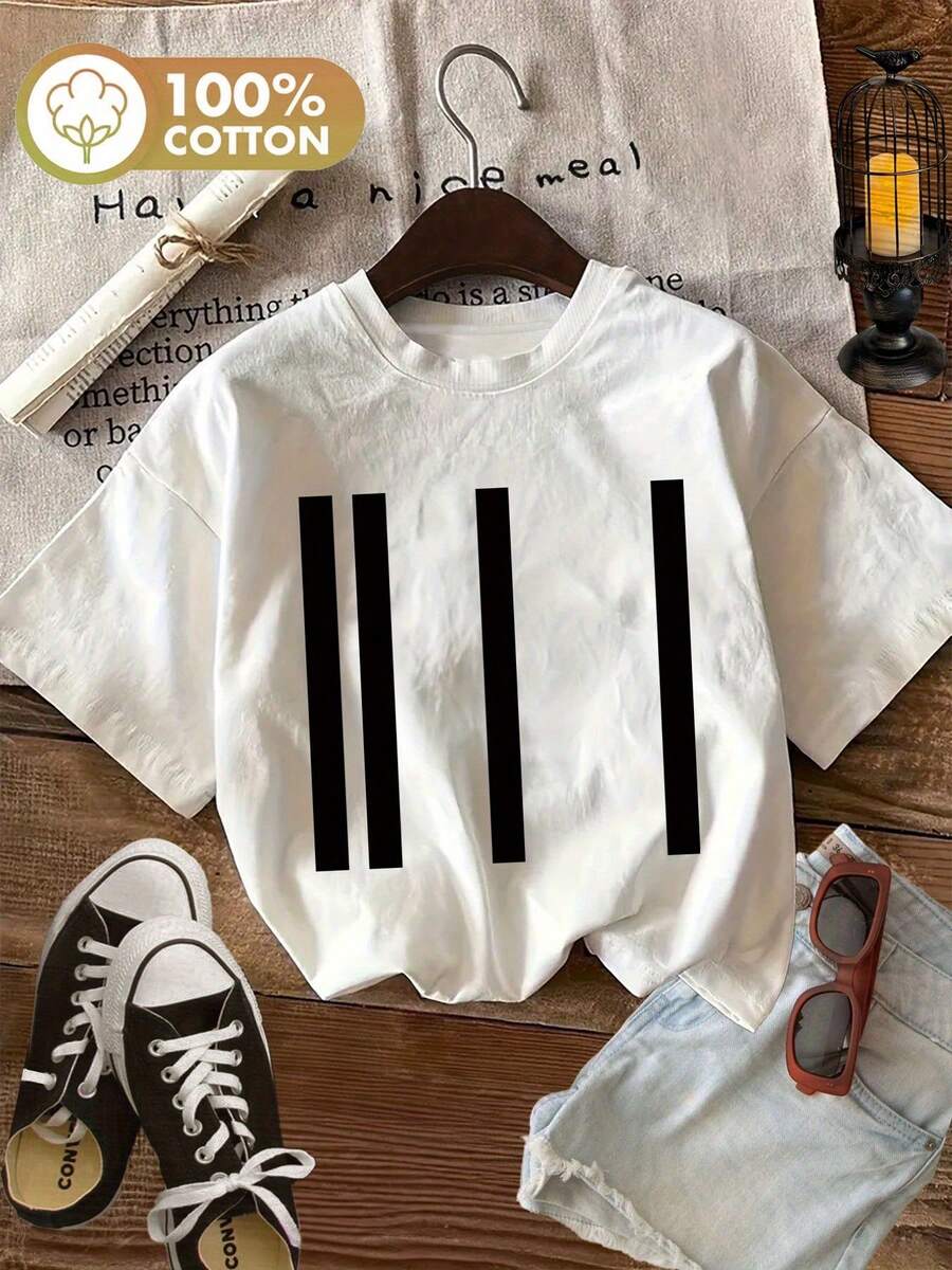 Camiseta Minimalista para Mujer en Blanco y - Cuello Redondo Suave, Casual de Algodón Puro Transpirable - Camiseta No Transparente Primavera/Verano, Ropa de Verano con Estampado Gráfico, Tejido Opaco