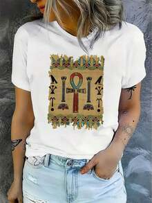 [Nuevos productos llegan con gran estilo] Camiseta con estampado gráfico, manga corta, cuello redondo, top casual para verano y primavera, ropa de mujer, camisetas unisex para salidas de verano, playeras de mujer - Blanco - Ver 1