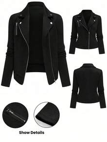 Chaqueta de motorista informal con cuello alto, textura y cierre de cremallera - Negro - Ver 12