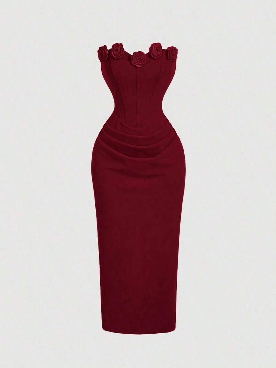 XHESHEIN MOD Vestido tubo midi de terciopelo con flores 3D en color borgoñaXHE - Burdeos - Ver 1