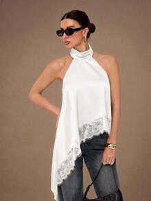 2026 Tall Backless Camisole Top With Elegant Lace Trim, Sexy Patchy Satin Sleeveless Blouse For Parties, Cocktails, Formal Occasions, Christmas, Business Casual - 軍綠色 - 查看 7