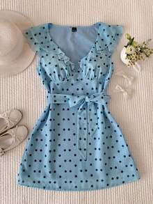 Vestido corto con estampado de lunares y volantes para mujer, primavera/verano 2026.Vestido negro, vestido de vacaciones, vestido de Pascua, vestido de festival para damas, vestido de fiesta elegante, vestido de graduación, vestido de playa, - Azul - Ver 5