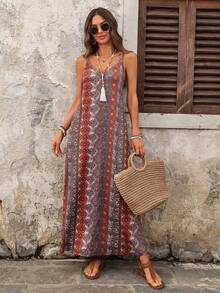 Vestido casual largo de punto elástico para mujer, cómodo y de moda para primavera/verano, vacaciones, adecuado para verano, vacaciones, con estampado vintage de flores, hojas y tropical - Multicolor 5 - Ver 11