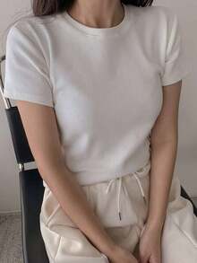 Camiseta de manga corta de cuello redondo de unicolor para verano - Blanco 3 - Ver 1