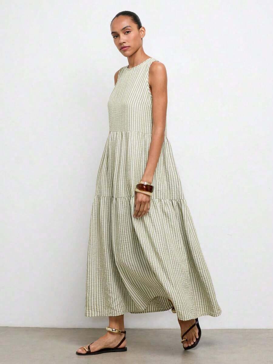 Vestido de dos piezas con diseño de volantes en talla grande, color verde jade, de estilo moderno y casual para vacaciones, con cuello redondo, división horizontal y parches, vestido elegante y cómodo para playa y estilo bohemio - Verde 2 - Ver 1