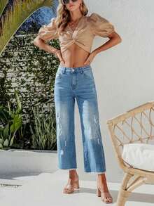 Quần jean nữ denim màu sáng, cạp cao, ống rộng lửng, rách gấu. - Màu xanh nhạt - Xem 5