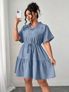 Vestido informal de estilo camisa de talla grande con detalles ricos - Niebla azul - Ver 8