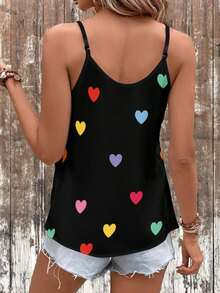 Camiseta sin mangas con escote en V con estampado de corazones en todo el diseño, de estilo minimalista y casual, ajustada para mujer, adecuada para el verano - Blanco - Ver 2