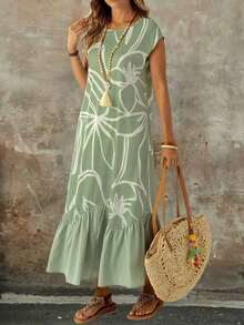 Vestido largo de manga corta de verano para mujer con patrón de rayas y color sólido combinados en el dobladillo - Verde - Ver 4