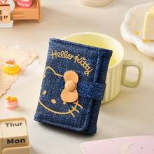 SANRIO Ví đựng tiền xu đa năng Hello Kitty bằng vải denim, ví đựng thẻ tín dụng hình mèo KT mini dễ thương dành cho nữ. - Màu xanh lam - Xem 3
