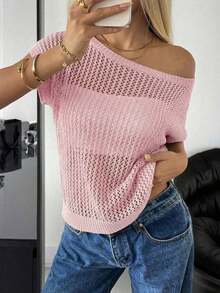 Jersey informal asimétrico de manga corta y hombros descubiertos con escote transparente en color negro - Rosa Pálido - Ver 6