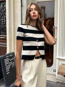 Blusa de punto de manga corta con rayas de color contrastante para mujer - Albaricoque - Ver 3