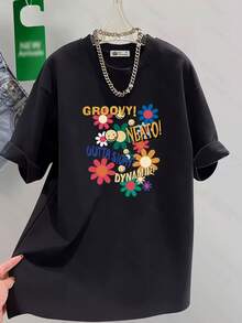 Women's Printed Short-Sleeved T-Shirt, Loose-Fitting Round Neck, Colorful, Machine Washable, Ideal For Summer. New 2026 Style. Casual And Comfortable. NAUJ - 黑色 - 查看 9