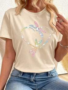 This Casual T-Shirt Features A Simple Print, A Round Neck, And Short Sleeves. The Classic, Basic Design Is Universally Flattering, And The Loose, Relaxed Fit Feels Comfortable And Breathable. The Fine, Soft Texture Is Soft Against The Skin And Breathable, So It Won't Pill Or Lose Its Shape Over Time. The Subtle, Elegant Print Design Is A Must-Have For Summer. This Versatile Piece Pairs Perfectly With All Kinds Of Bottoms-You Can't Go Wrong. - 米色 - 查看 7