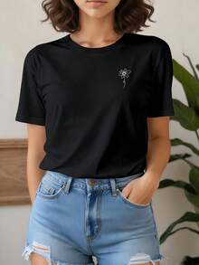 Women's Short Sleeve T-Shirt With White Floral Print, Round Neck, Casual Top Ideal For Daily Wear And Formal Occasions, Versatile Clothing, Vintage Style, Machine Washable, For Fashion Enthusiasts - 黑色 - 查看 6