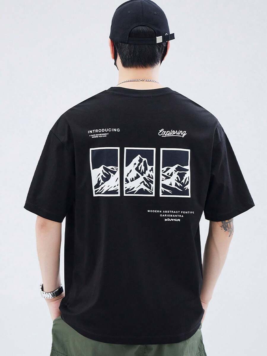 S Mountain Back Print Korean Tet Shirt Korean Culture-Inspired Design With Tet And Mountain Motif, Casual Summer Short-Sleeved Crew Neck Top For Outdoor Adventurers And Korean Culture Enthusiasts (Machine Washable) Loose And Comfortable - 後退 - 查看 1