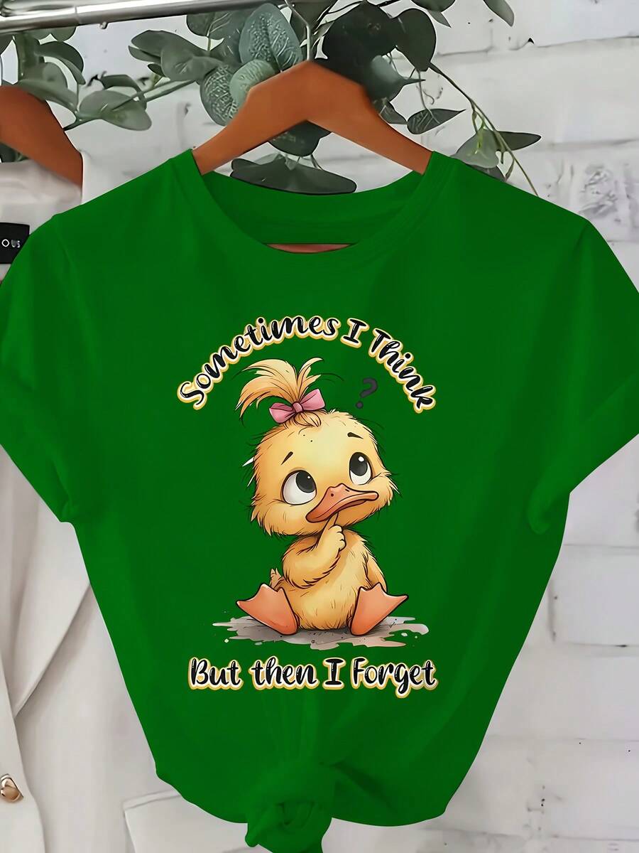 Women's Plus Size Casual Fashion T-Shirt 0-8XL - Modern Base Layer For Everyday Wear, All Seasons Comfortable Fit, Fun T-Shirt With Cute Duckling Design And Slogan "Sometimes I Overthink But Then I Forget" - Soft And Stretchy Fabric, Machine Washable, T-Shirt - 綠色的 - 查看 1