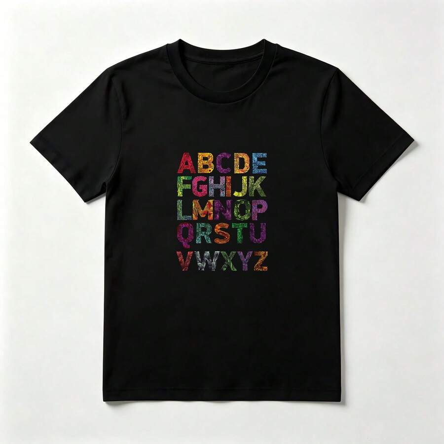 Colorful Alphabet Artistic Textured Black Cotton T-Shirt - 黑色 - 查看 1