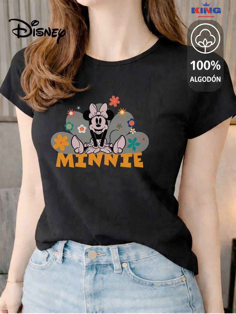 Women's T-Shirt Made Of 100% High-Quality Cotton, This T-Shirt Guarantees Exceptional Softness To The Touch, Round Neck With "Disney Minnie Floral" Print And Short Sleeves - 黑色 - 查看 1