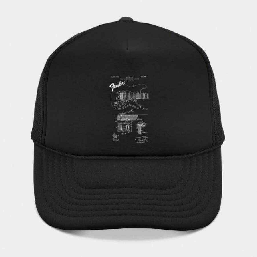 US Patent - Fender Stratocaster Guitar Hat-This Black Trucker Hat Features A Detailed White Line Drawing Of An Electric Guitar On Its Front Panel, Adding A Stylish And Musical Touch To The Classic Design. - màu đen - Xem 1