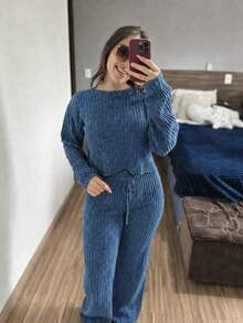 Comfortable Ribbed Mousse Knit Set For Autumn/Winter, Casual And Basic - 藏蓝色 - 查看 1