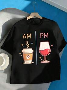 Vintage CoffeeWineGraphic Women's T-Shirt, Premium Fabric, Urban Hip-Hop Style, Comfortable, Durable, Artistic Print. - 黑色 - 查看 3