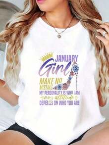 100% Cotton Summer Tops With January It's My Birthday Design Casual T-Shirt Plus Size Holiday Gifts Soft Women's Simple Solid Color T-Shirt, Loose And Slim Fit Casual Short Sleeve - 黑色 - 查看 10