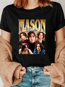 Camiseta Casual con Gráficos Temáticos de Mason Thames - Camiseta de Manga Corta con Cuello Redondo para Mujer, Mezcla de Poliéster Suave, Corte Holgado, Esencial de Moda, 100% Algodón, Duradera - Negro - Ver 1