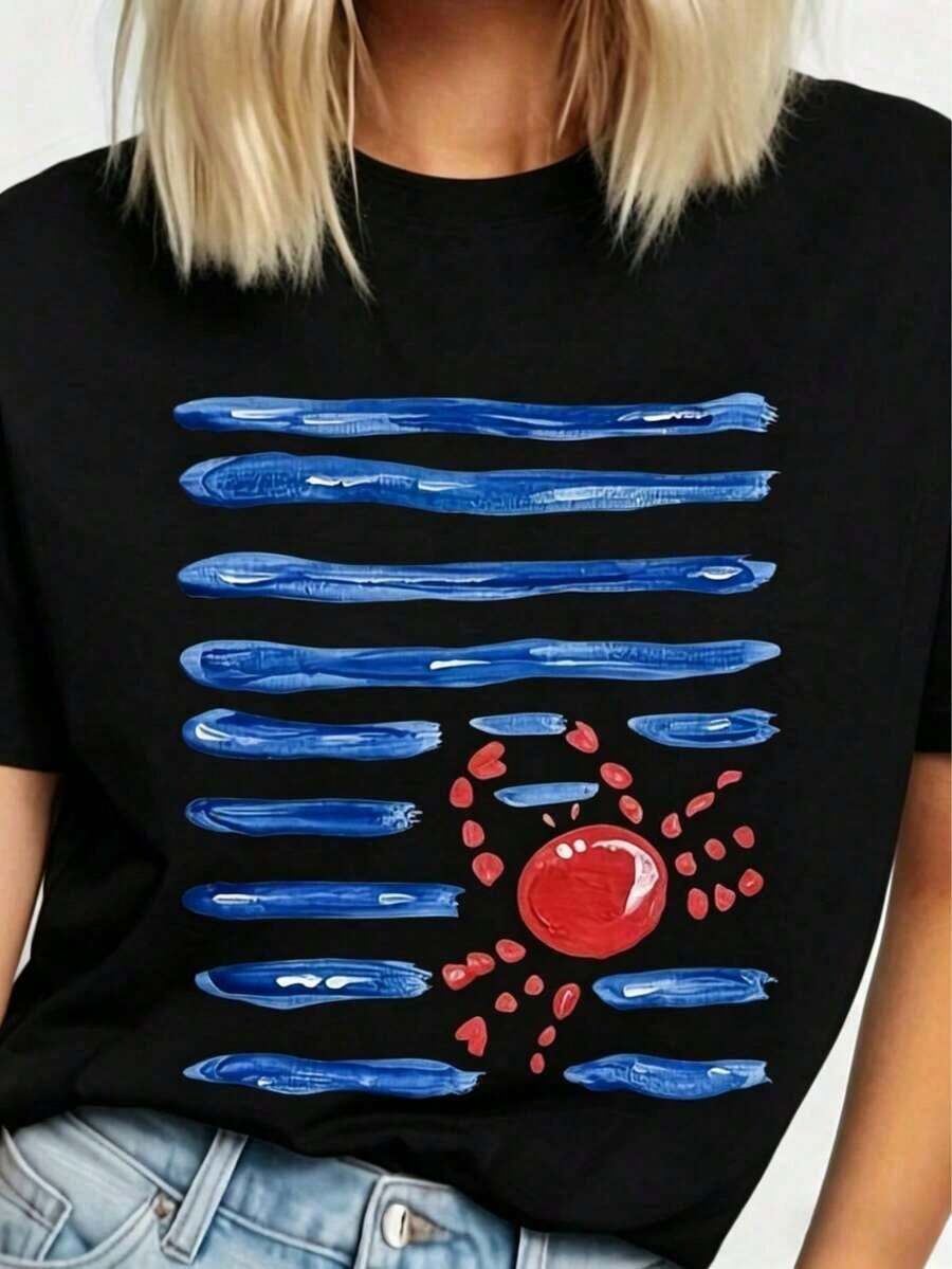 Camiseta Casual de Verano para Mujer con Diseño de Cangrejo Caminando hacia el Mar | Camiseta estampada versátil para mujer, temporada primavera-verano, lavable a máquina, 95% poliéster, 5% spandex, tejido de punto, longitud regular, ropa diaria para hombre y mujer, blusas para mujer, ropa de vacaciones para mujer. - Negro - Ver 1