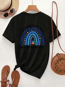 Camiseta Casual de Verano para Mujer [Doble Cara]ImprimirMujeresPrimavera/VeranoInformalEstiloConARedondoEscoteYCortoMangas,Con características destacadasAArcoírisArcoPatrón,ACentralRompecabezasPiezaYElTexto"USTEDESROPAAZULPARAAUTISMOCONSCIENCIAEncendidoElSuperiorYParte inferior,AdecuadoParaTodosEstaciones del año,100%Algodón - Negro - Ver 2