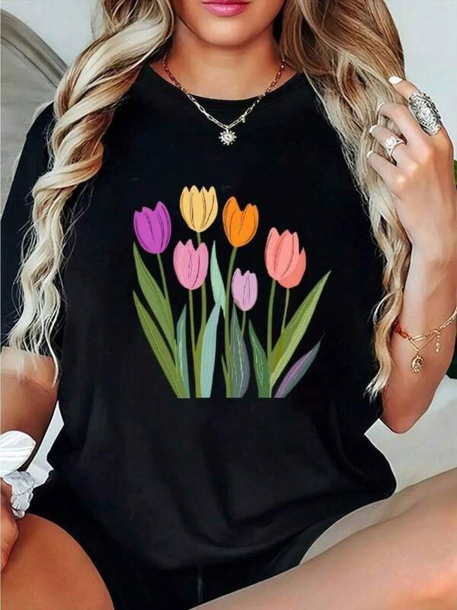 100% Algodón Premium 180g .¡Oferta Especial!Playera.Camiseta de Mujer con Estampado de Tulipanes Coloridos de Algodón Suave para Primavera Verano Ideal para Uso Diario o Informal en Tallas S a XL Color Negro Ropa de Moda Flor Estilo Casual Camiseta Streetwear Unisex Ideal para Conciertos y Regalo - Negro - Ver 1