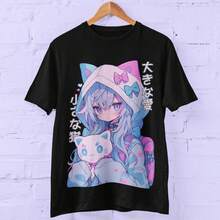 Paste Goth Cat Girl Anime T1EE Harajuku Streetwear J1apanese Grunge Aesthetic UniS1ex Oversized Tshirt L Kawaii Anime Lover Gift - 黑色 - 查看 1