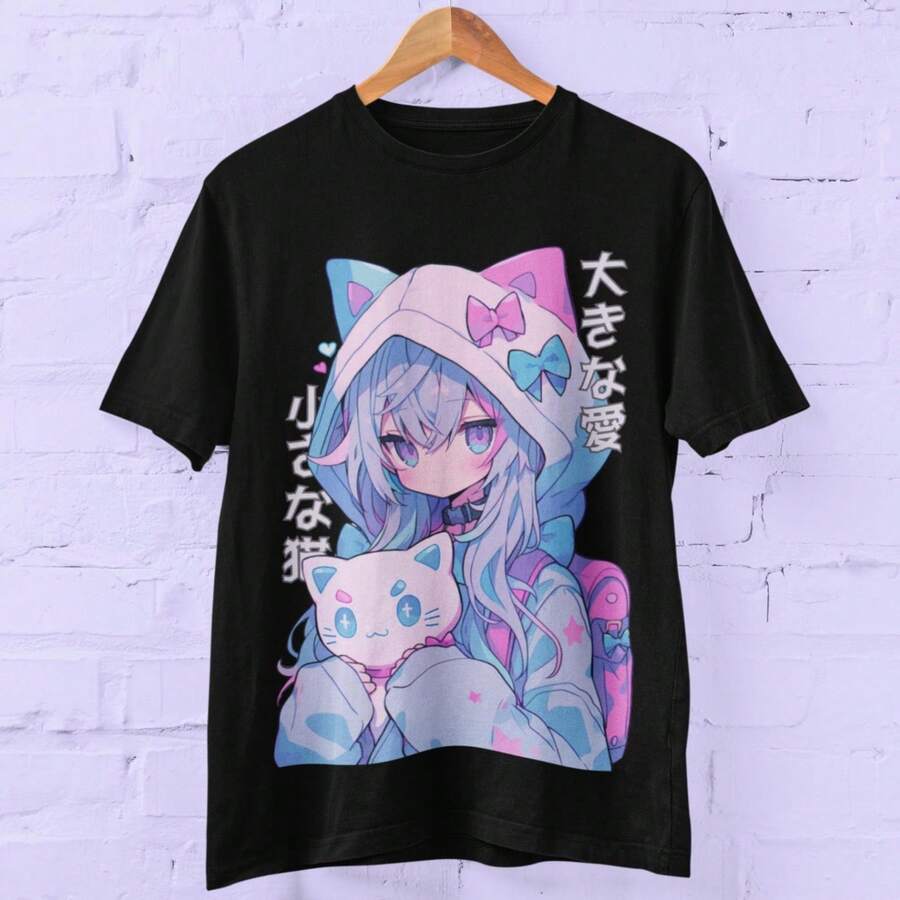 Paste Goth Cat Girl Anime T1EE Harajuku Streetwear J1apanese Grunge Aesthetic UniS1ex Oversized Tshirt L Kawaii Anime Lover Gift - 黑色 - 查看 1