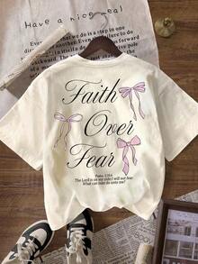 Women's Short-Sleeved T-Shirt With A Round Neck And Pink Bow Print With Slogan, Wrinkle-Resistant Cotton T-Shirt. Women's T-Shirts, Women's Blouses, Casual Blouses For Ladies - 黑色 - 查看 8