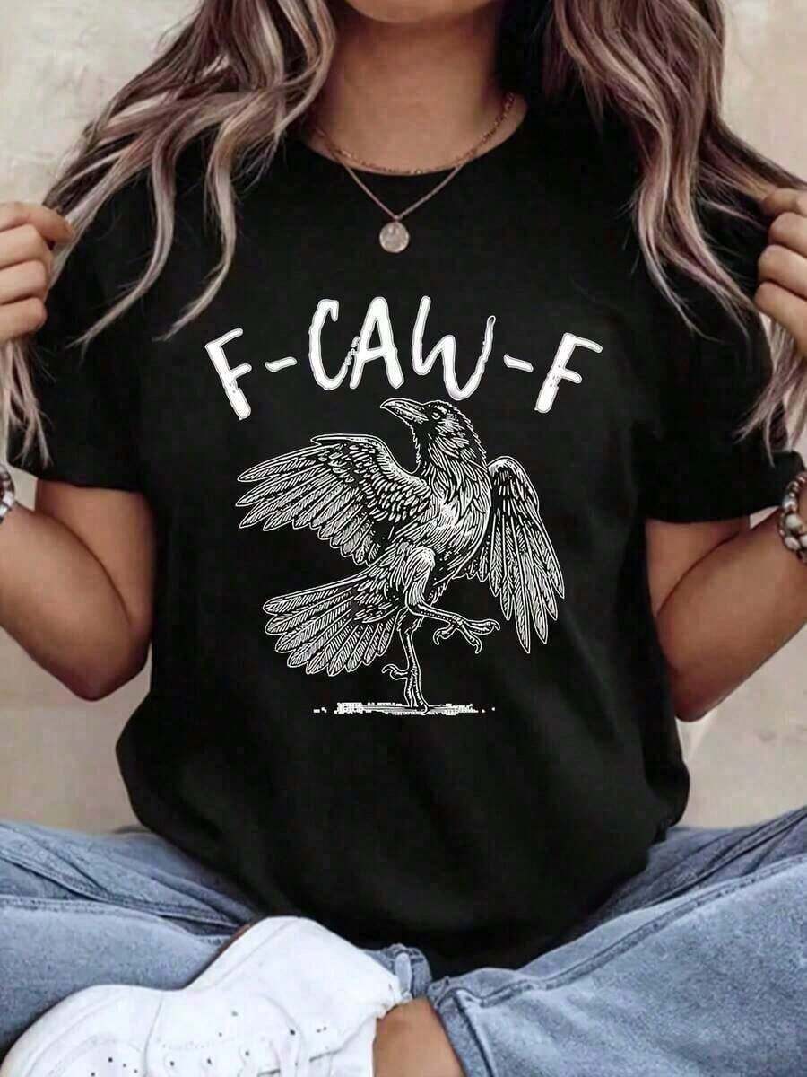Playeras de mujer: Nueva camiseta casual de algodón para mujer, de manga corta, con un estampado de cuervo y el texto "F-CAW-F" - Ropa casual para mujer. Camiseta con Estampado de Cuervo - Camiseta Casual de Verano con un Atrevido Estampado Negro, Perfecta para Actividades al Aire Libre y Uso Casual. Ropa Deportiva para Exteriores | Camiseta con Estampado Atrevido | Ajuste cómodo, camiseta de mujer para uso diario y fiestas de Halloween. Conjunto para el Día de la Madre, Ropa de Verano para Mujer 2026, Blusas Casuales para Dama - Negro - Ver 1